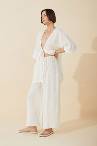 White Textured Linen Top